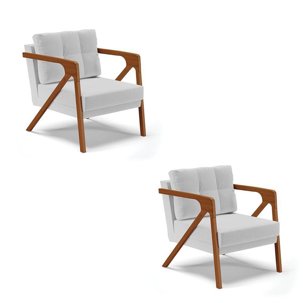 Kit 02 Poltronas Linho Cinza A05 Base De Madeira Castanho - 1