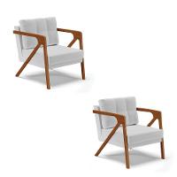 Kit 02 Poltronas Linho Cinza A05 Base De Madeira Castanho - 1