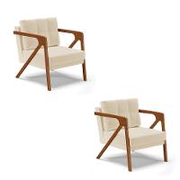 Kit 02 Poltronas Linho Areia A27 Base De Madeira Castanho - 1