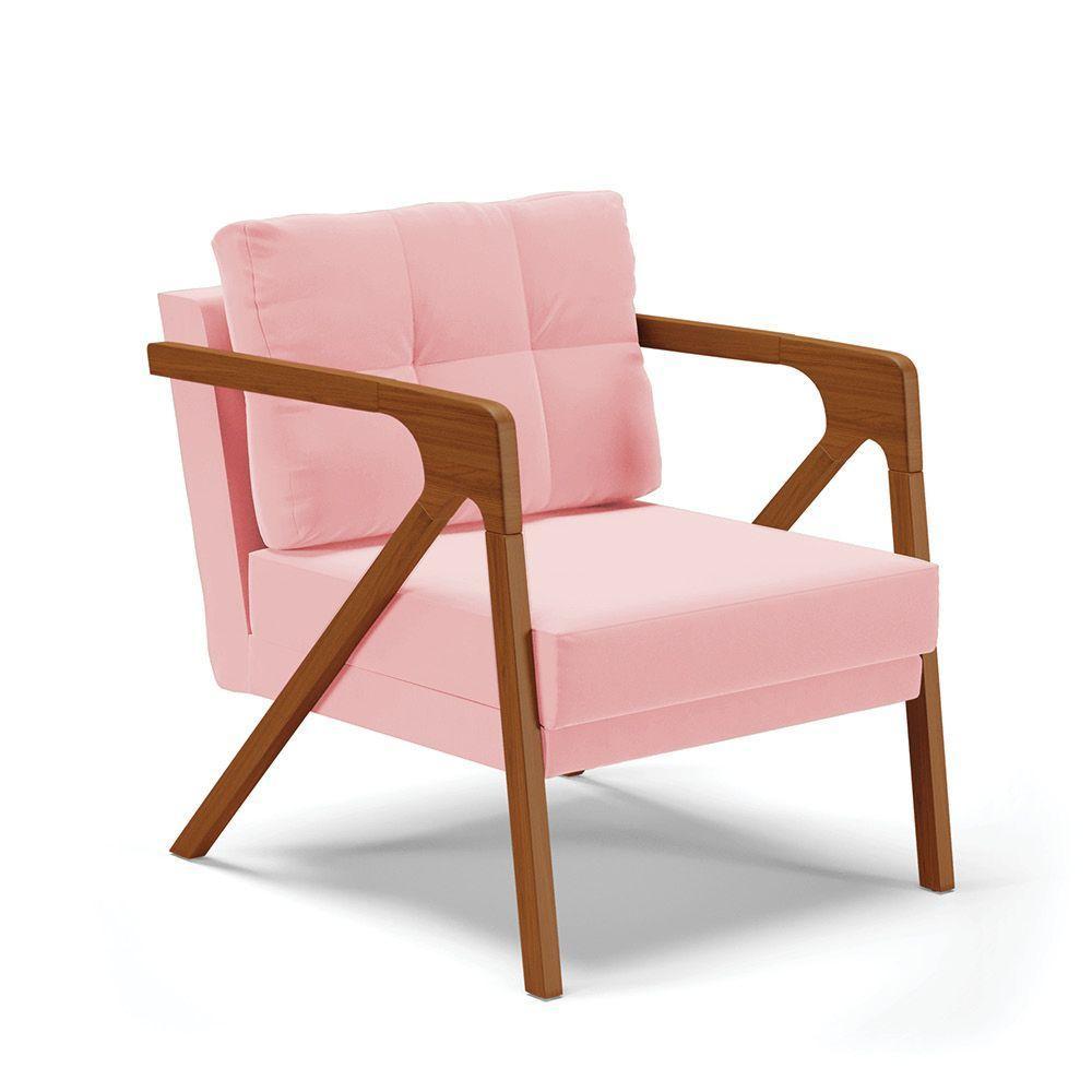 Poltrona Melissa Suede Rosa Bebê Base De Madeira Castanho - 1