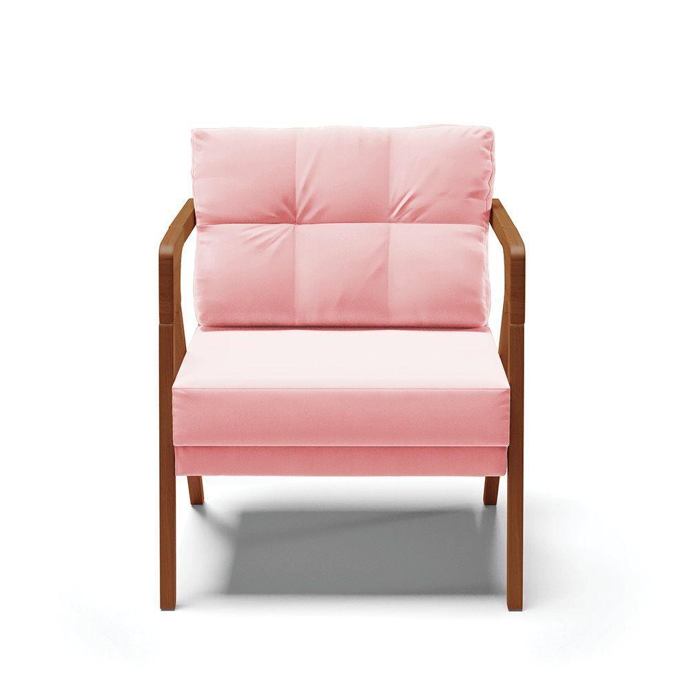 Poltrona Melissa Suede Rosa Bebê Base De Madeira Castanho - 6