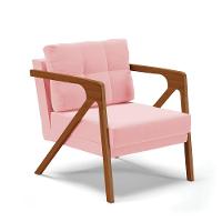 Poltrona Melissa Suede Rosa Bebê Base De Madeira Castanho - 1