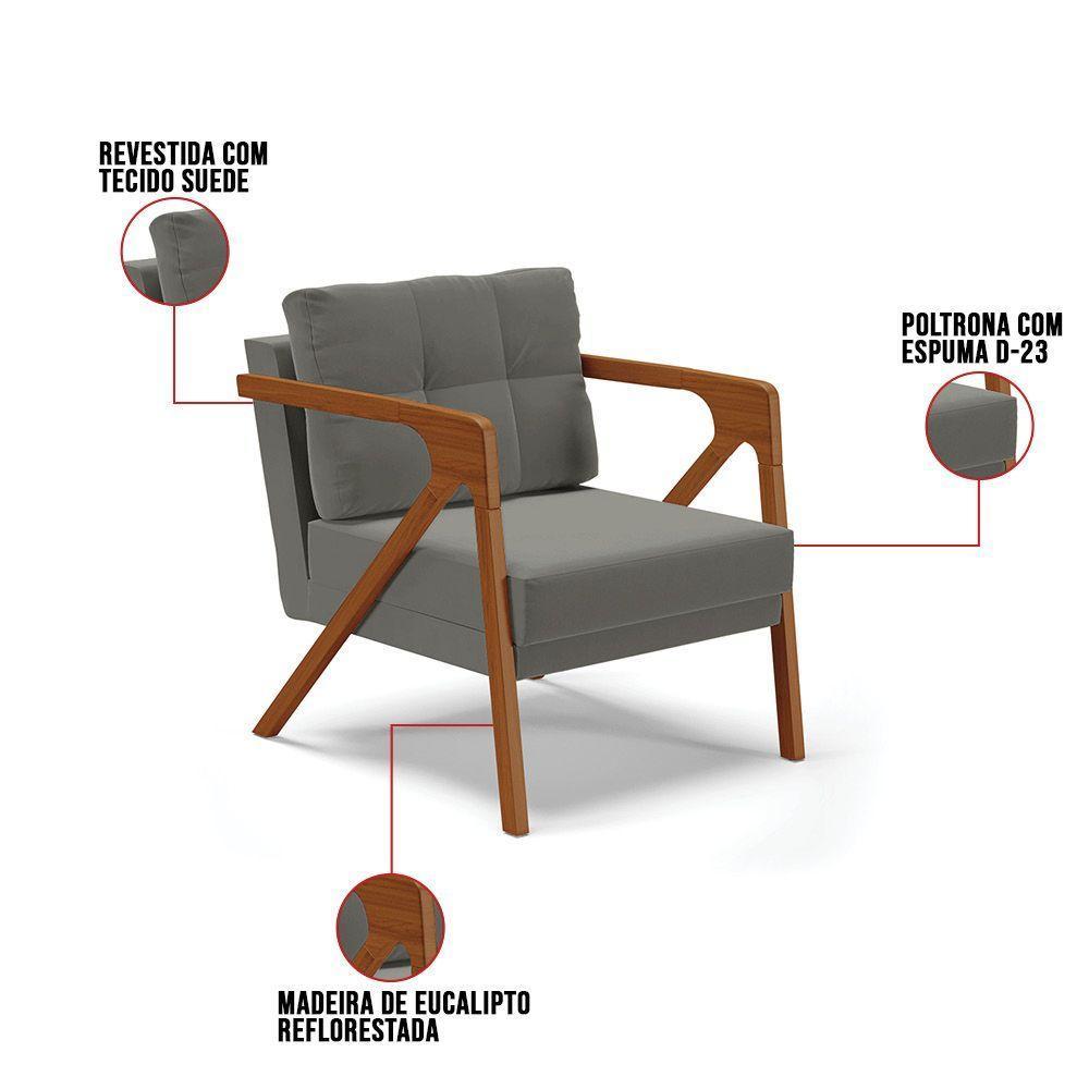 Poltrona Melissa Suede Grafite Base De Madeira Castanho - 3