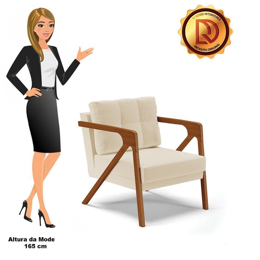 Kit 02 Poltronas Linho Base De Madeira Castanho Grosso Bege - 3