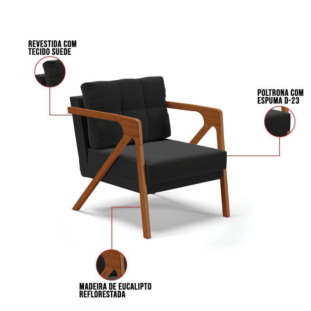 Kit 02 Poltronas Suede Base De Madeira Castanho Preto - 4