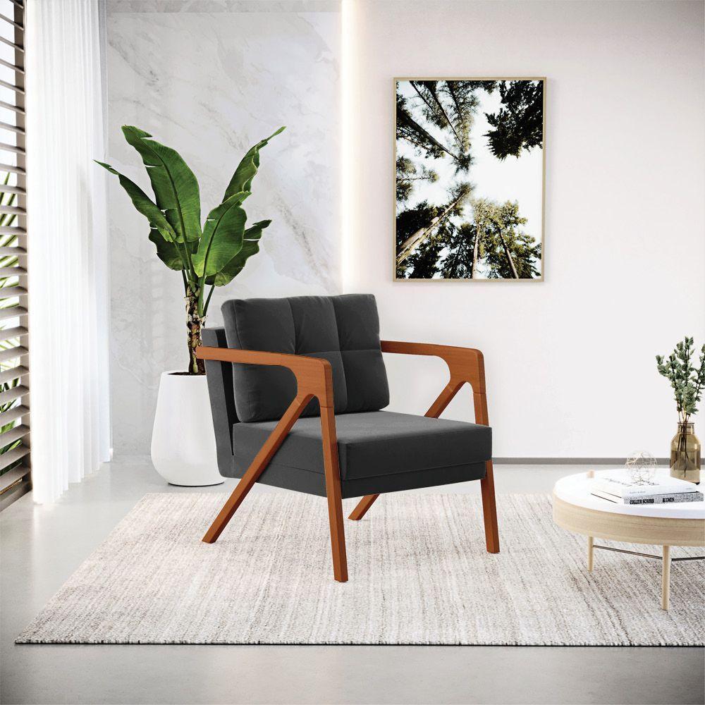 Kit 02 Poltronas Suede Base De Madeira Castanho Preto - 8