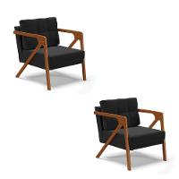 Kit 02 Poltronas Suede Base De Madeira Castanho Preto - 1