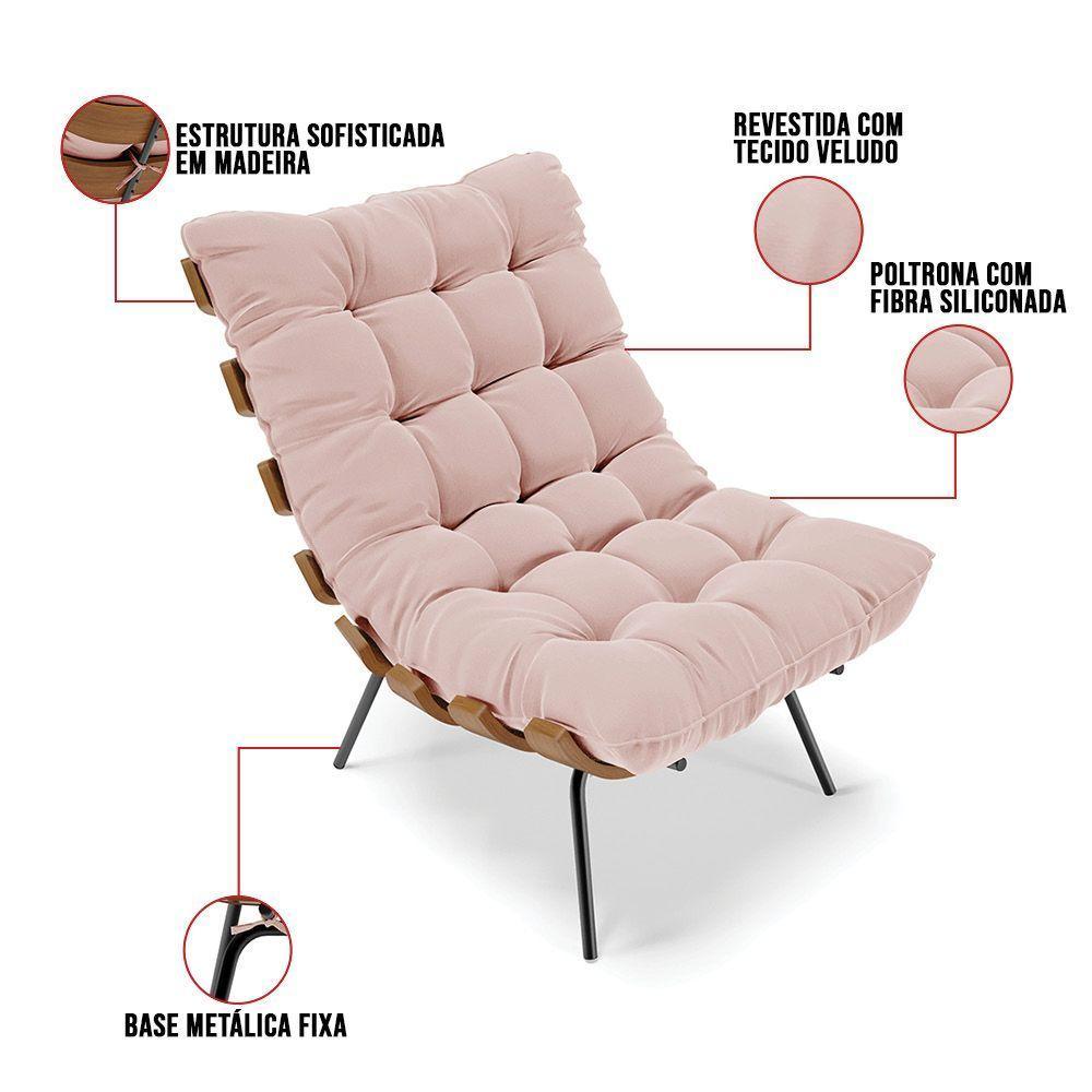 Kit 02 Poltronas Costela Veludo Base Metálica Preto Rose - 4