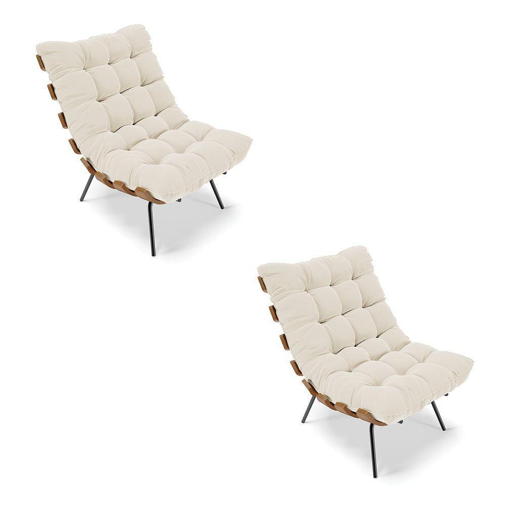 Kit 02 Poltronas Costela Veludo Base Metálica Preto Bege - 1