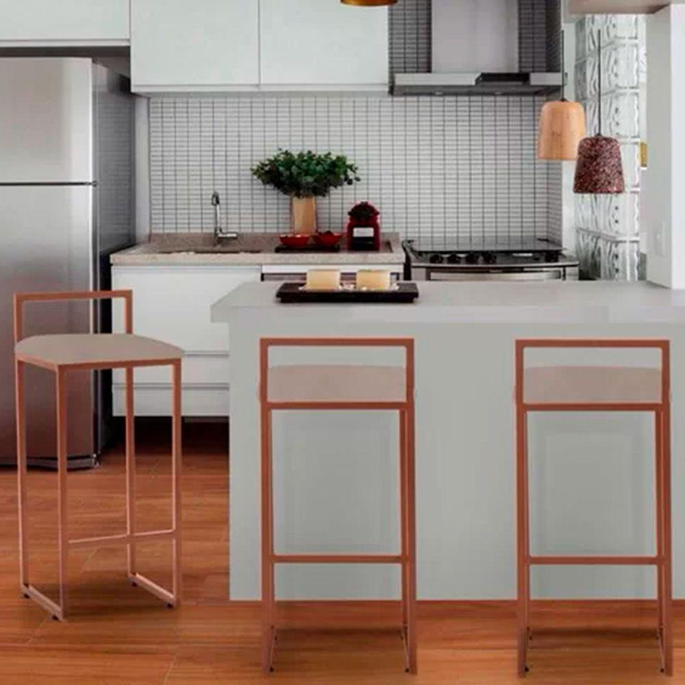 Banqueta Alta Industrial Em Aço Dori Cobre Assento Suede Bege - Preto - 1