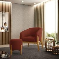 Kit 1 Poltrona E 1 Puff Stella Bouclê Base Madeira Castanho - D'rossi Cor Terra