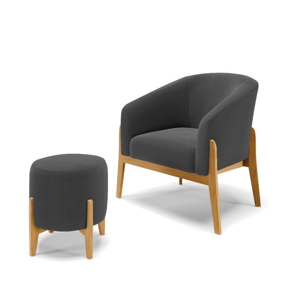 Kit 1 Poltrona E 1 Puff Stella Bouclê Base Madeira Castanho - D'rossi Cor Grafite - 1