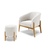 Kit 1 Poltrona E 1 Puff Stella Bouclê Base Madeira Castanho - D'rossi Cor Off White - 1