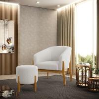 Kit 1 Poltrona E 1 Puff Stella Bouclê Base Madeira Castanho - D'rossi Cor Off White