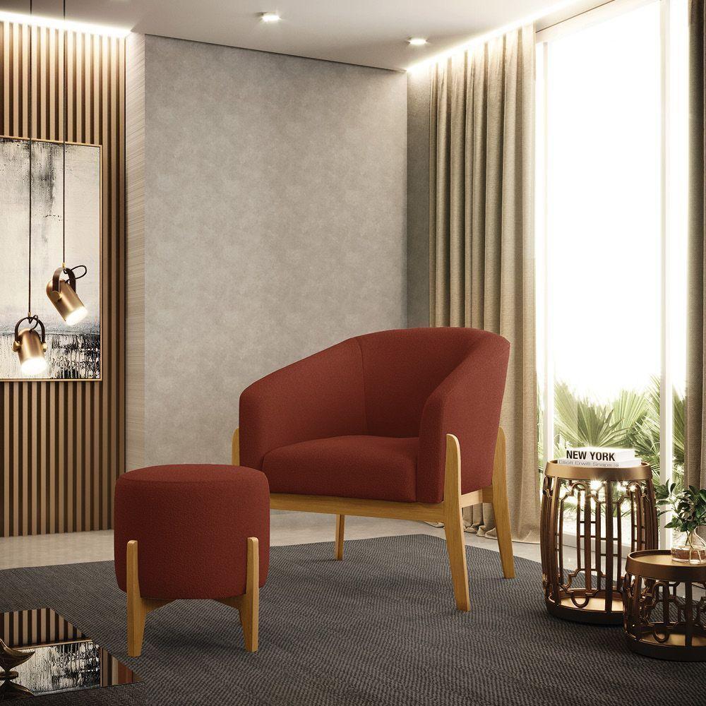 Kit 1 Poltrona E 1 Puff Stella Bouclê Terra Base Madeira Castanho - D'rossi - 2