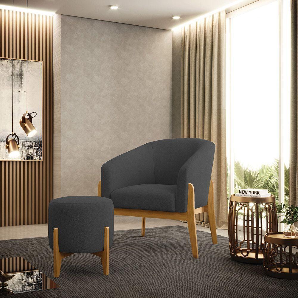 Kit 1 Poltrona E 1 Puff Stella Bouclê Grafite Base Madeira Castanho - D'rossi - 2