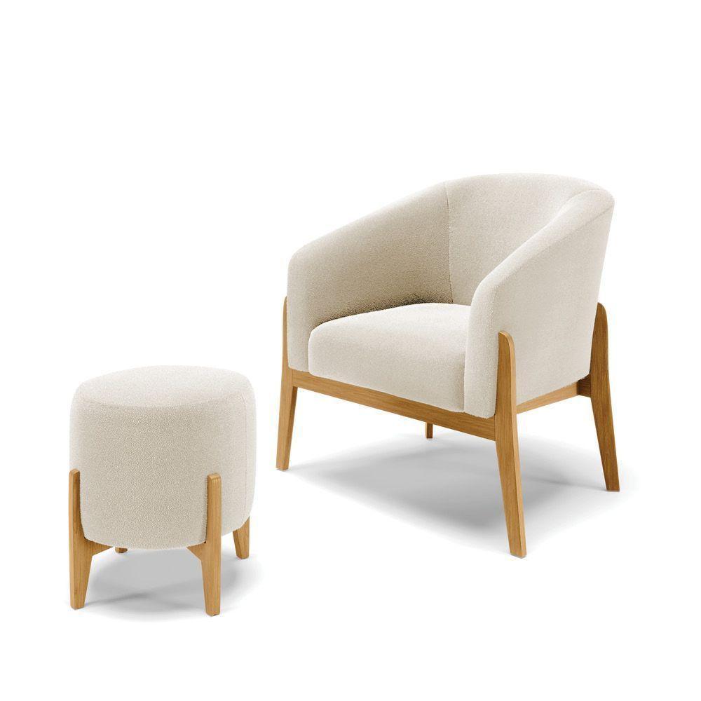 Kit 1 Poltrona E 1 Puff Stella Bouclê Bege Base Madeira Castanho - D'rossi - 1