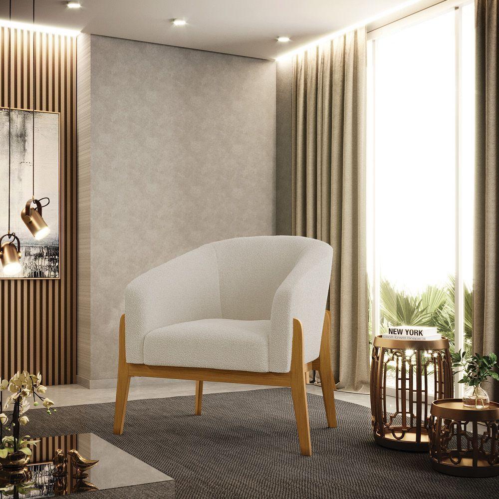 Poltrona Stella Bouclê Base Madeira Castanho - D'rossi Cor Bege - 5