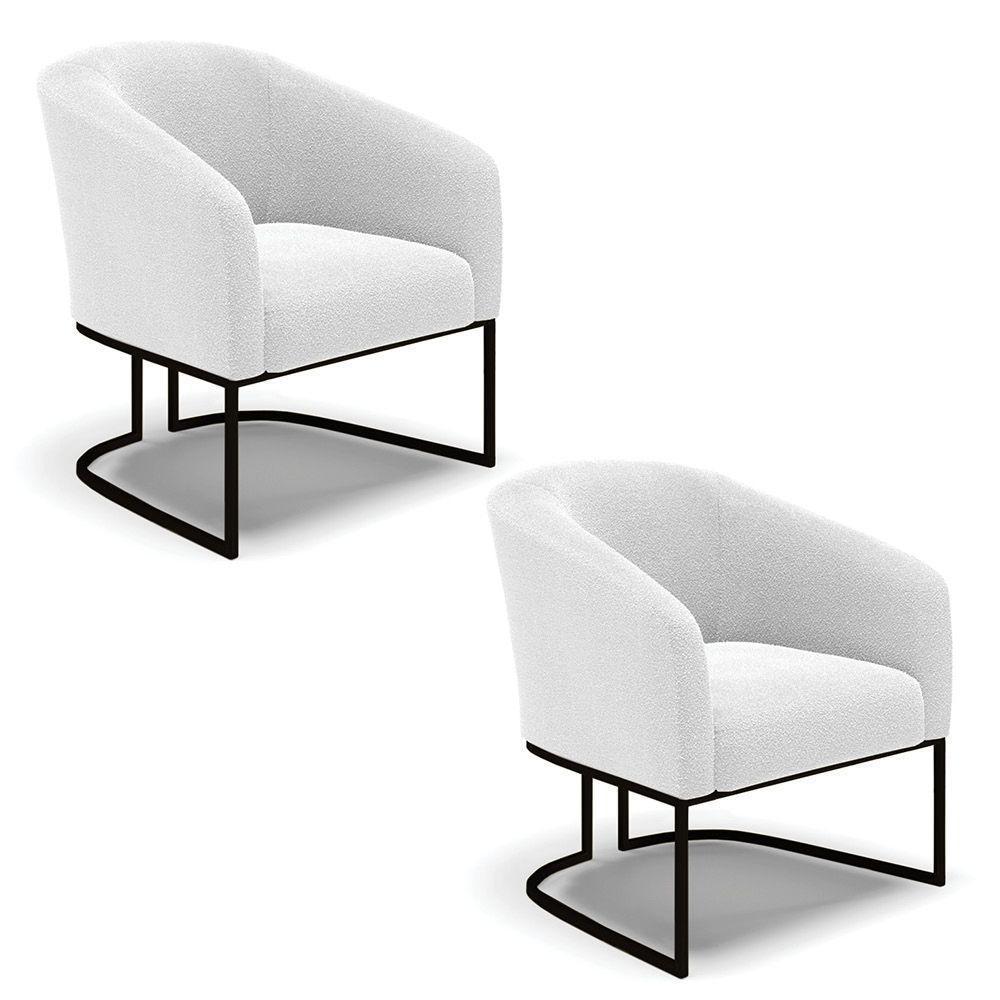 Kit 2 Poltronas Stella Bouclê Base Metálica Industrial Preto - D'rossi Cor Off White - 1