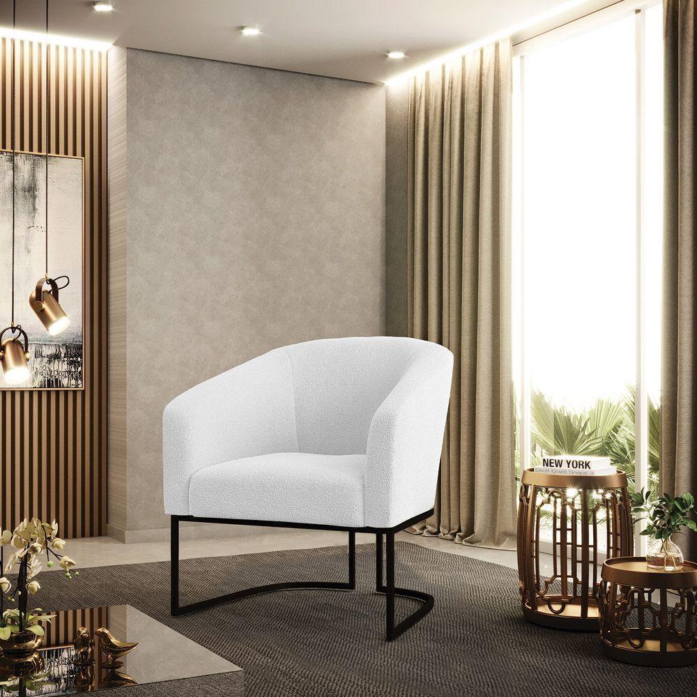 Kit 2 Poltronas Stella Bouclê Base Metálica Industrial Preto - D'rossi Cor Off White - 2