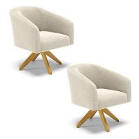 Kit 2 Poltronas Giratória Stella Bouclê Bege Base De Madeira Ma30 - D'rossi - 1
