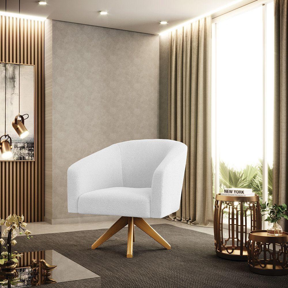 Kit 2 Poltronas Giratória Stella Bouclê Off White Base De Madeira Ma30 - D'rossi - 3