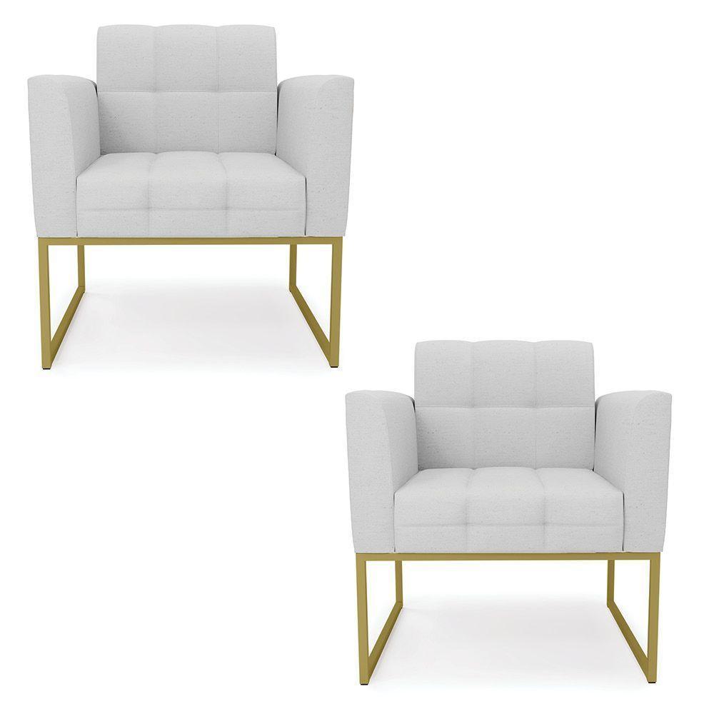 Kit 2 Poltronas Elisa Linho Cinza A05 Base Metálica Industrial Dourada - D'rossi - 1