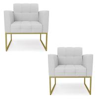 Kit 2 Poltronas Elisa Linho Cinza A05 Base Metálica Industrial Dourada - D'rossi - 1