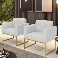 Kit 2 Poltronas Elisa Linho Cinza A05 Base Metálica Industrial Dourada - D'rossi - 2