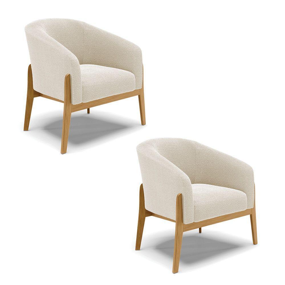 Kit 2 Poltronas Stella Bouclê Bege Base Madeira Castanho - D'rossi - 1