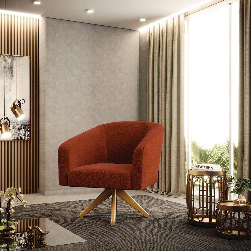 Poltrona Giratória Stella Bouclê Base De Madeira Ma30 - D'rossi Cor Terra - 3