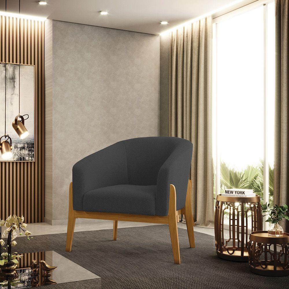 Poltrona Stella Bouclê Grafite Base Madeira Castanho - D'rossi - 6