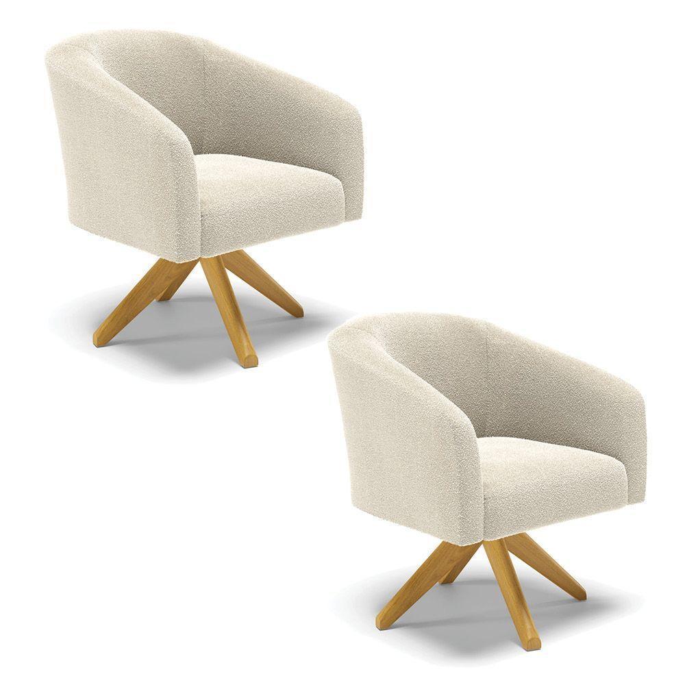 Kit 2 Poltronas Giratória Stella Bouclê Base De Madeira Ma30 - D'rossi Cor Bege - 1