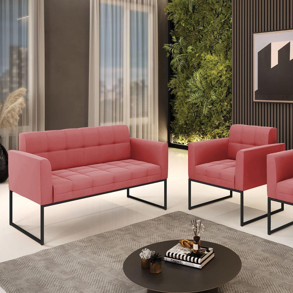 Kit 1 Sofá Namoradeira E 1 Poltrona Elisa Suede Rosê Base Metálica Industrial Preto - D'rossi - 2