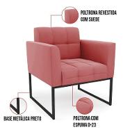 Kit 1 Sofá Namoradeira E 1 Poltrona Elisa Suede Rosê Base Metálica Industrial Preto - D'rossi