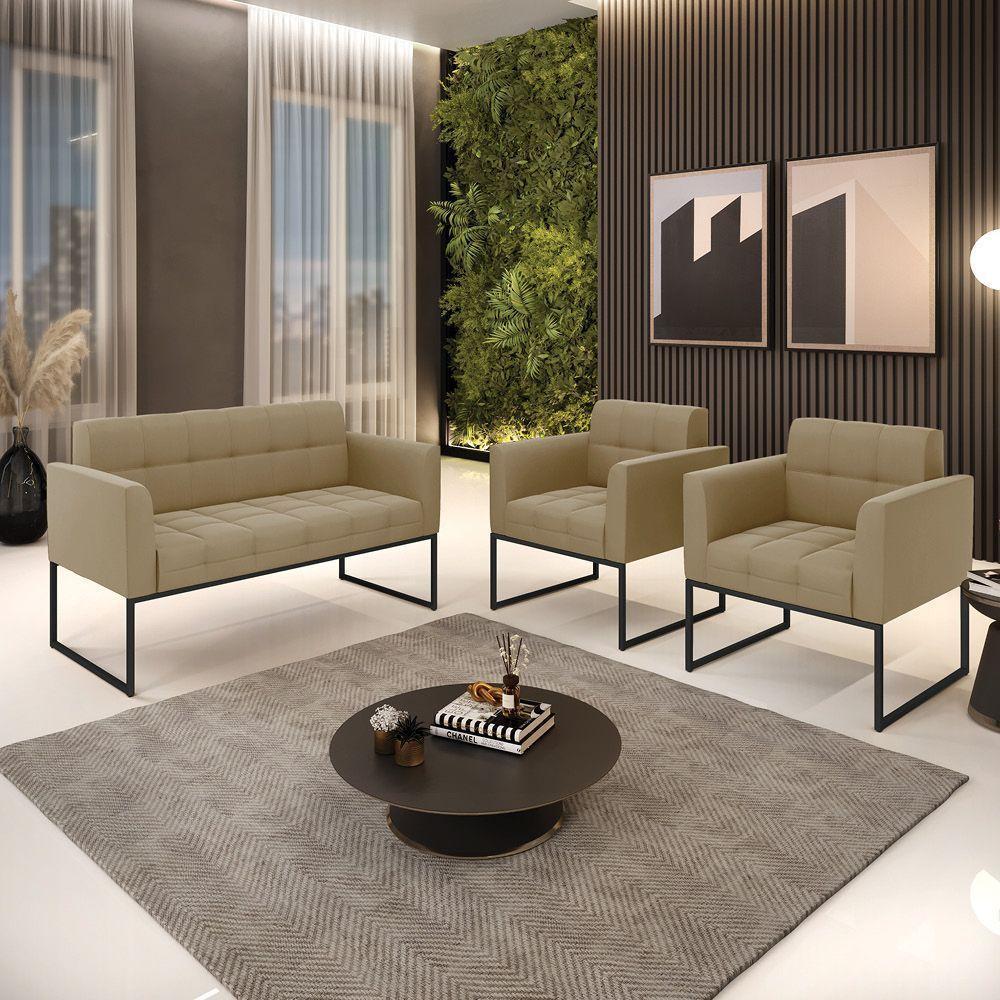 Kit 1 Sofá Namoradeira E 2 Poltronas Suede Base Metálica Industrial Preto - D'rossi Cor Marrom Rato - 8