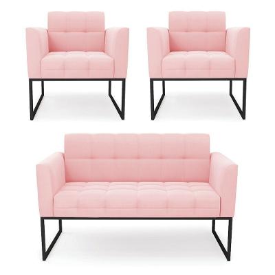 Kit 1 Sofá Namoradeira E 2 Poltronas Elisa Suede Rosa Bebê Base Metálica Industrial Preto - D'rossi
