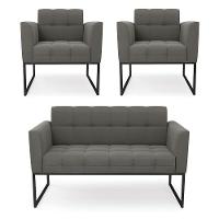 Kit 1 Sofá Namoradeira E 2 Poltronas Elisa Suede Grafite Base Metálica Industrial Preto - D'rossi - 1