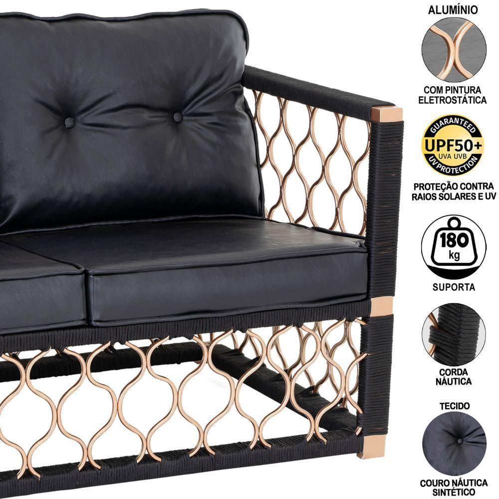 2 Poltronas Mesa Centro Alumínio Bronze Corda Náutica Preta - 4