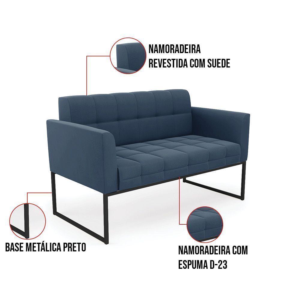 Kit 1 Sofá Namoradeira E 2 Poltronas Suede Base Metálica Industrial Preto D'rossi Cor Azul Marinho - 2