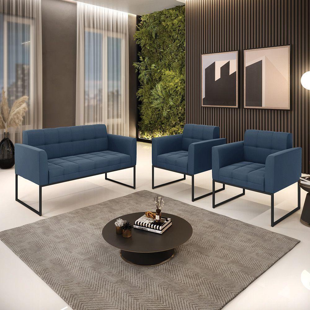 Kit 1 Sofá Namoradeira E 2 Poltronas Suede Base Metálica Industrial Preto D'rossi Cor Azul Marinho - 4