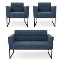 Kit 1 Sofá Namoradeira E 2 Poltronas Suede Base Metálica Industrial Preto D'rossi Cor Azul Marinho - 1