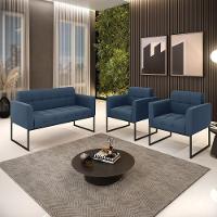 Kit 1 Sofá Namoradeira E 2 Poltronas Suede Base Metálica Industrial Preto D'rossi Cor Azul Marinho