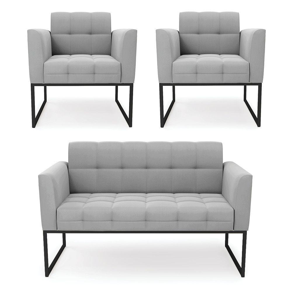 Kit 1 Sofá Namoradeira E 2 Poltronas Elisa Suede Base Metálica Industrial Preto - D'rossi Cor Cinza - 2
