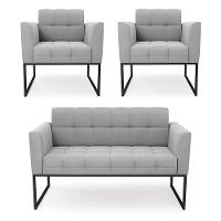 Kit 1 Sofá Namoradeira E 2 Poltronas Elisa Suede Base Metálica Industrial Preto - D'rossi Cor Cinza - 2