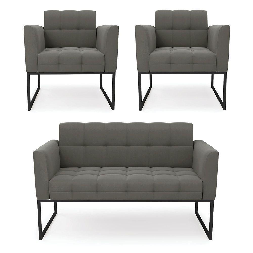 Kit 1 Sofá Namoradeira E 2 Poltronas Suede Base Metálica Industrial Preto - D'rossi Cor Grafite - 1