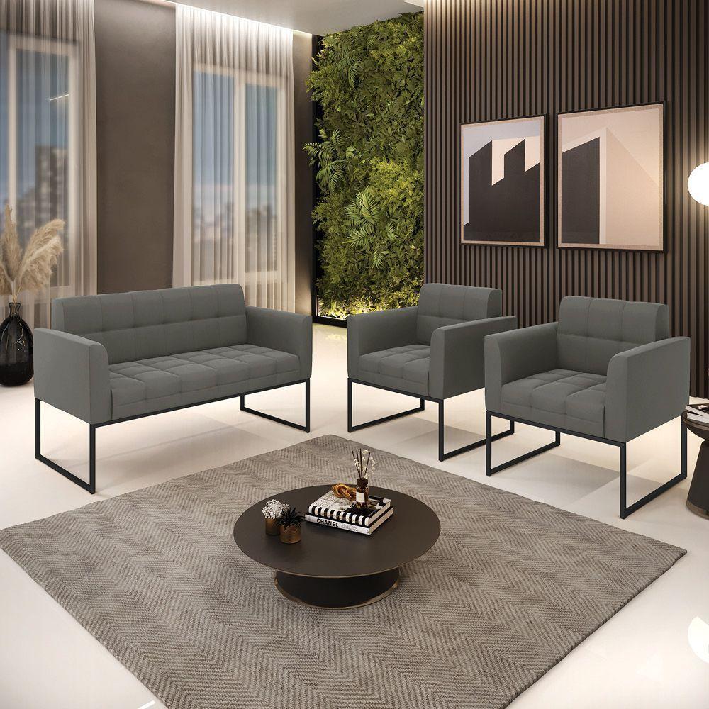 Kit 1 Sofá Namoradeira E 2 Poltronas Suede Base Metálica Industrial Preto - D'rossi Cor Grafite - 3