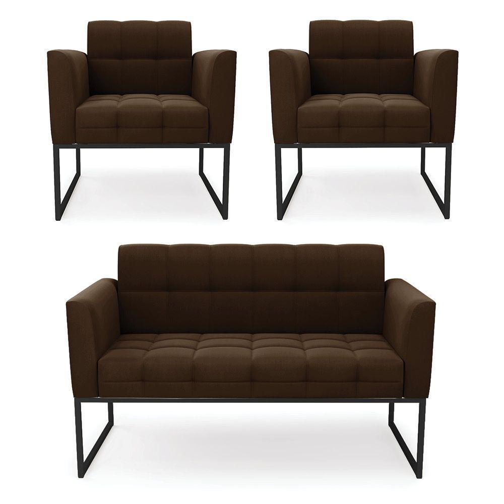 Kit 1 Sofá Namoradeira E 2 Poltronas Elisa Suede Base Metálica Industrial Preto - D'rossi Cor Marrom - 1