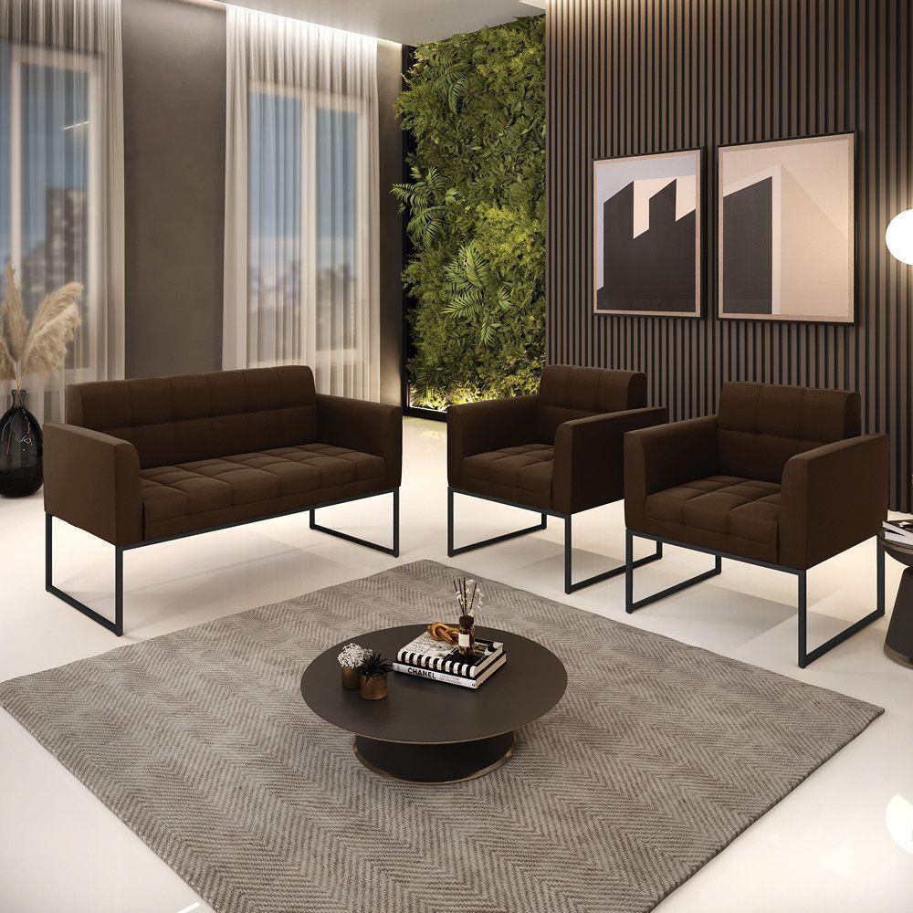 Kit 1 Sofá Namoradeira E 2 Poltronas Elisa Suede Base Metálica Industrial Preto - D'rossi Cor Marrom - 4