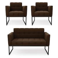 Kit 1 Sofá Namoradeira E 2 Poltronas Elisa Suede Base Metálica Industrial Preto - D'rossi Cor Marrom - 1